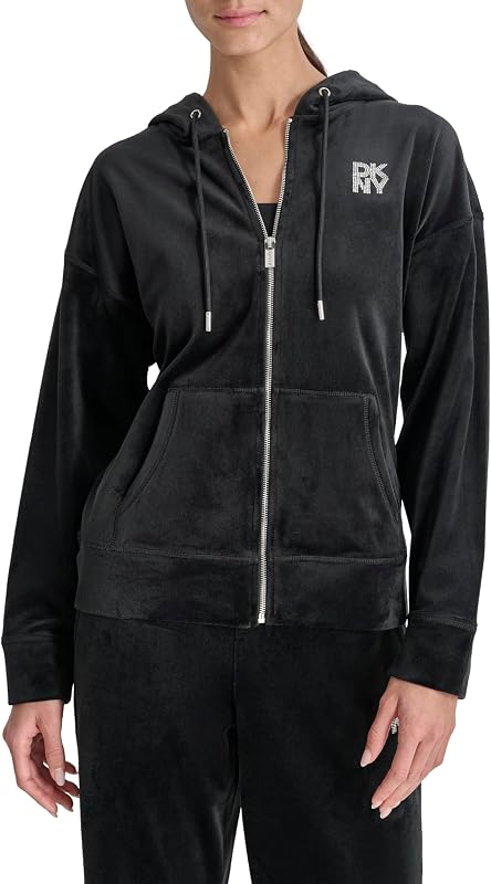 Casaco com capuz com fecho completo com logótipo Rhinestone, preto, M para mulheres