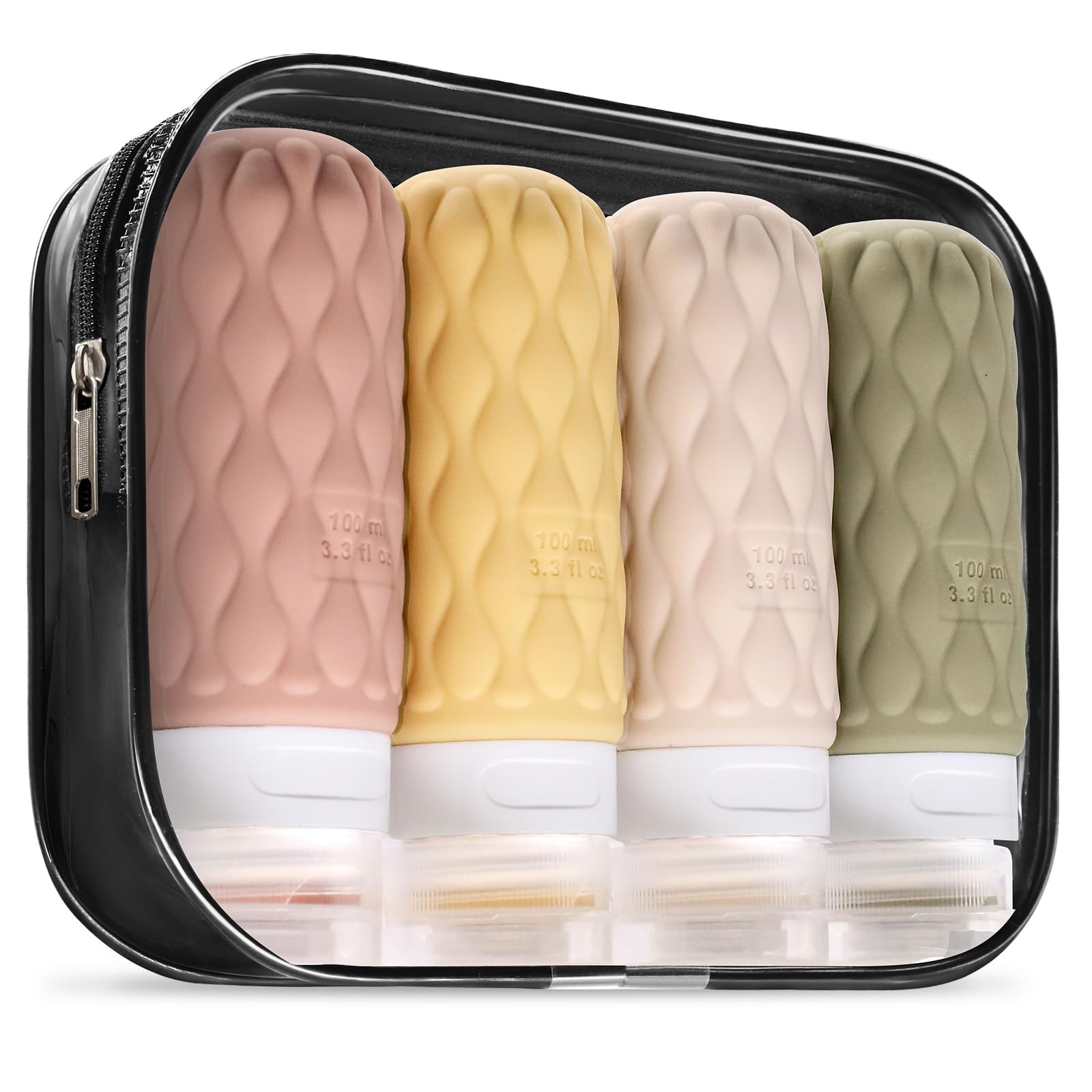 Lericttor 100ml Silicone Travel Bottles for Toiletries with Labels/Clear Bag, Holiday Travel Essentials Leakproof Refillable Squeeze Travel Size Containers Set for Shampoo and Conditioner