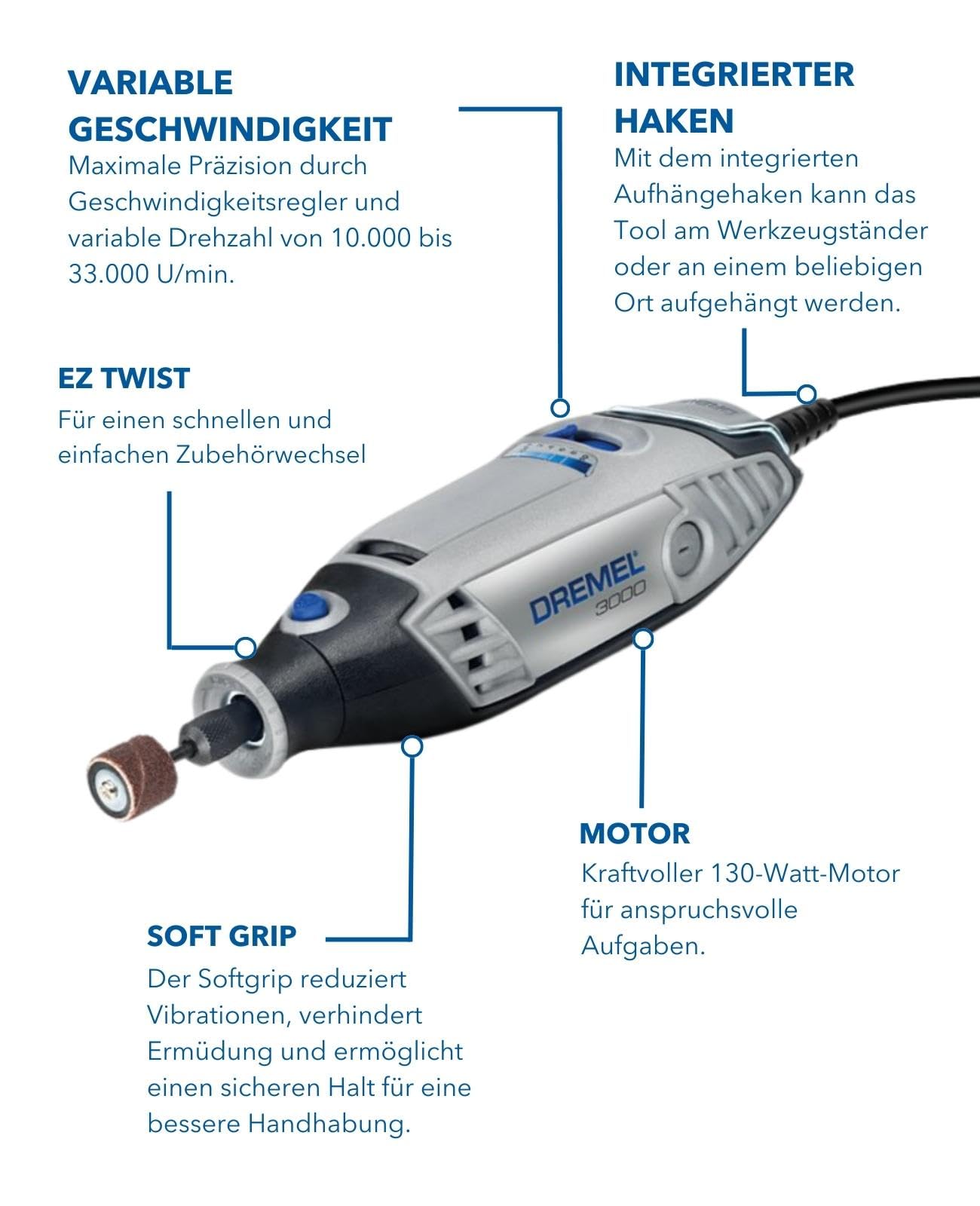 Dremel 3000 Multifunktionswerkzeug 130W, Set mit 15 Zubehörteilen, Variable Drehzahl 10.000-33.000 U/min zum Schneiden, Schleifen, Gravieren, Polieren, Schärfen, Reinigen, Schnitzen 3