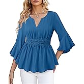 VAFOLY Womens Dressy Casual Peplum Tops Ruffle 3/4 Sleeve Henley V Neck Chiffon Blouses