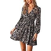 CUPSHE Women Floral Ruffle Summer Dress Surplice V Neck Long Peasant Sleeve Elastic Waist Flowy Casual Holiday Mini Dress