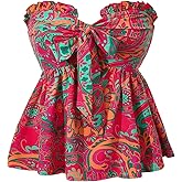 SHENHE Women's Floral Tube Tops Strapless Tie Front Frill Peplum Shirred Boho Summer Bandeau Top