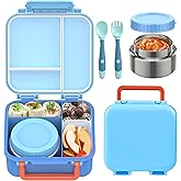 BEAQUEE Bento Box for Kids with Soup Thermos(9oz)– Kid Bento Lunch Box with Leak Proof Insulated Food Jar, Hot & Cold Lunch Container Set for School Girls Boys, 4-Compartments, Dishwasher Safe, Blue