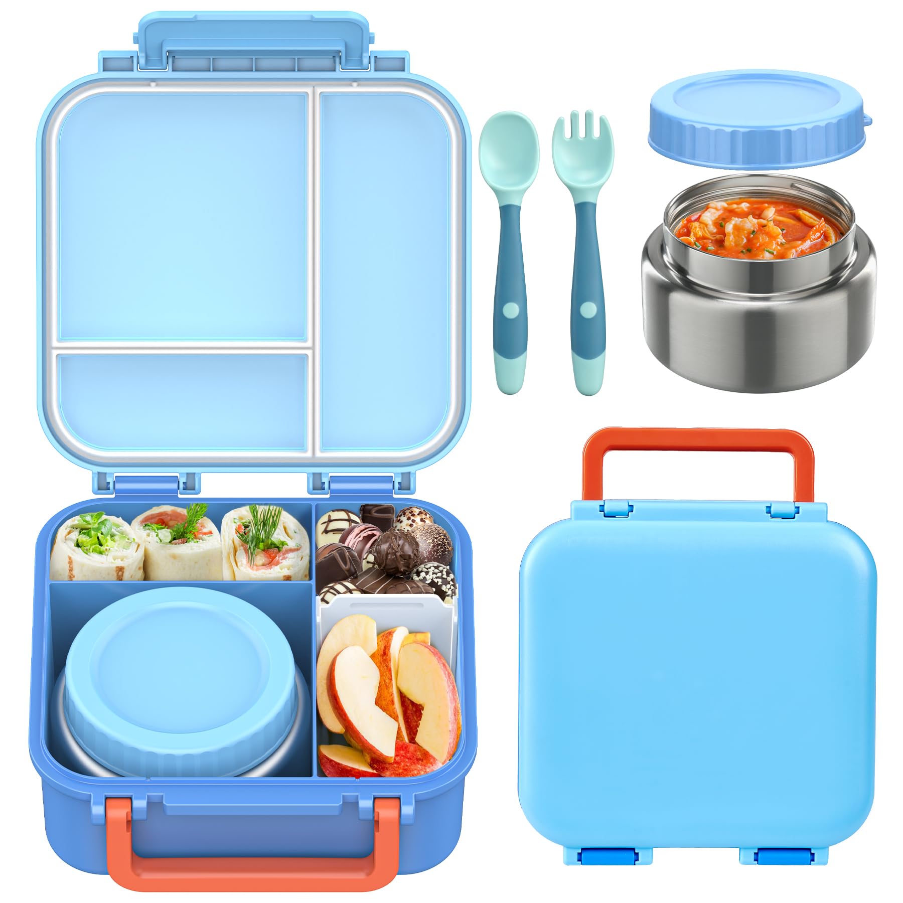 Photo 1 of **DAMAGE SEEN IN PHOTO**BEAQUEE Bento Box for Kids with Soup Thermos(9oz)– Kid Bento Lunch Box with Leak Proof Insulated Food Jar, Hot & Cold Lunch Container Set for School Girls Boys, 4-Compartments, Dishwasher Safe, Blue