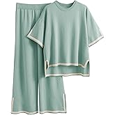 Tanming Sweater Sets Women 2 Piece Lounge Sets Short Sleeve Knit Pullover Tops Wide Leg Pants