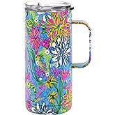 Lilly Pulitzer 16 Oz Travel Mug with Handle and Lid, Stainless Steel Insulated Coffee Tumbler, Double Wall Metal Cup, Walking on Sunshine