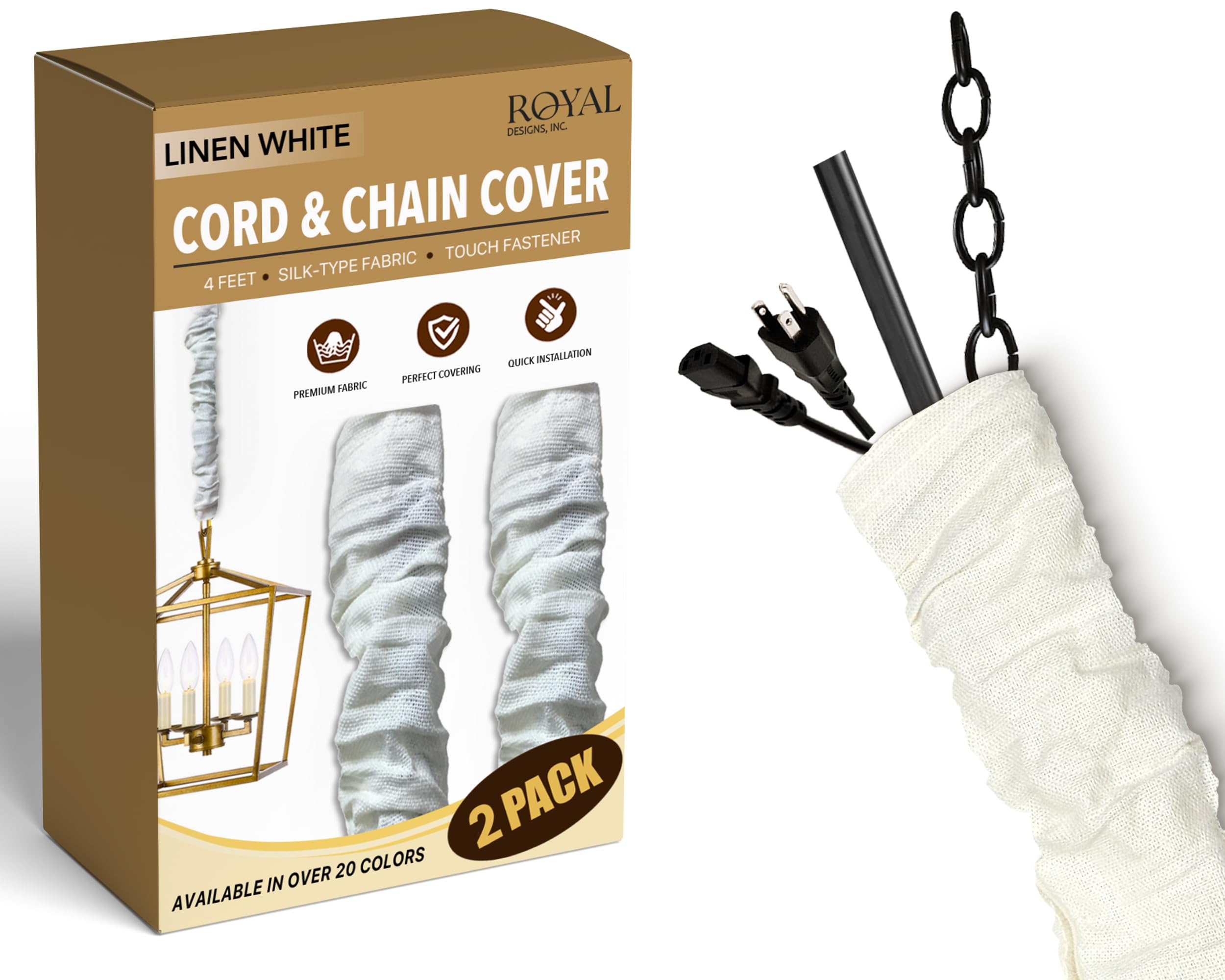 Photo 1 of Royal Designs, Inc. Cord & Chain Cover 4 ft Silk Type Fabric, Chandelier Pendant Lighting Chain & Cable Management, Touch Fastener, Linen White - 2 Pack
