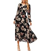 Simplee Women's Floral Boho Long Sleeve Maxi Dress V Neck Empire Waist Swing Flowy Wedding Guest Dress