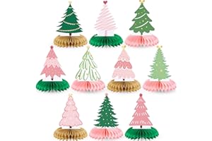 Spiareal 10 Pcs Christmas Tree Honeycomb Centerpieces 3D Xmas Paper Trees Centerpiece Winter Pastel Pink Green Tree Table Decor for Merry Christmas Party Supplies Home Indoor Holiday Sign