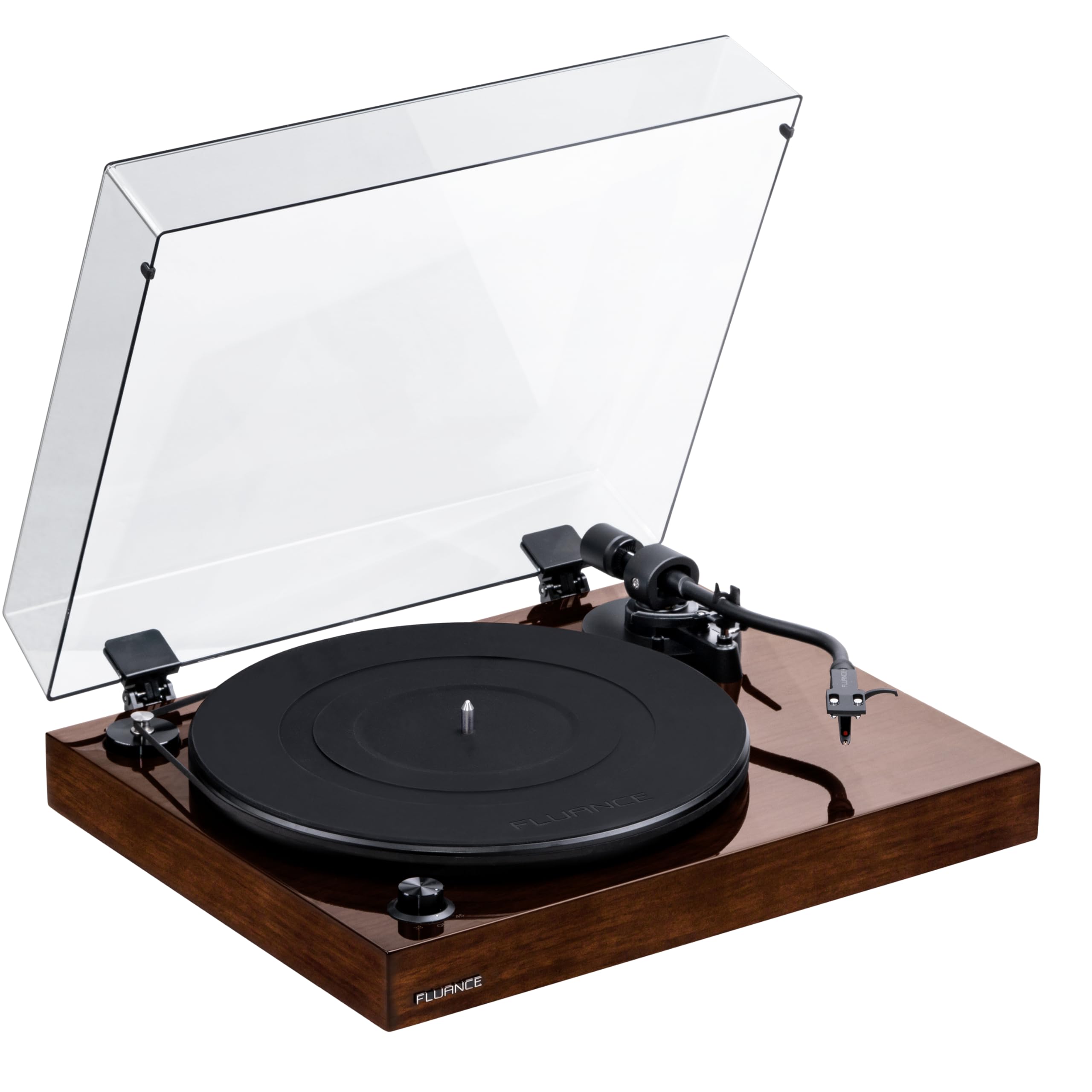 Fluance RT82 Referencia Tocadiscos de vinilo de alta fidelidad con cartucho Ortofon OM10, motor de control de velocidad, zócalo de madera MDF de alta masa, pies de aislamiento de vibración - Nogal