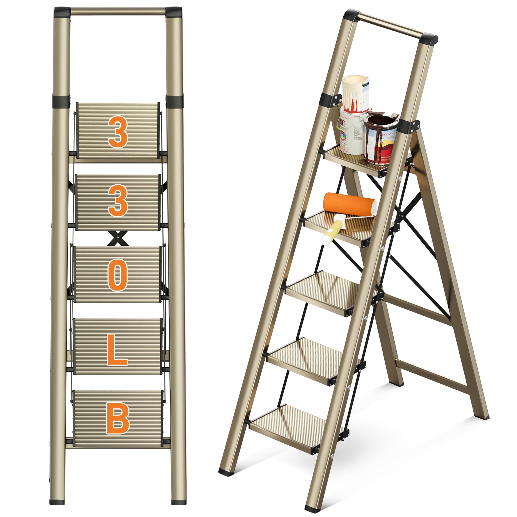 Photo 1 of GameGem 5 Step Ladder, Foldable Step Stool, Aluminum Step Ladder with Anti-Slip Widened 7.9Inch Pedal, Tall Step Ladder for Reaching High, Suitable for Home Use, 330lbs Capacity, Gold