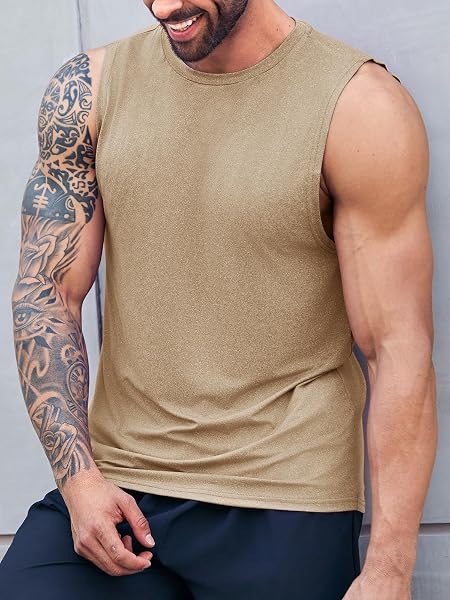 ZIWOCH MEN’S SLEEVELESS TANK TOPS CREWNECK SOLID LOOSE FIT SHIRT KHAKI