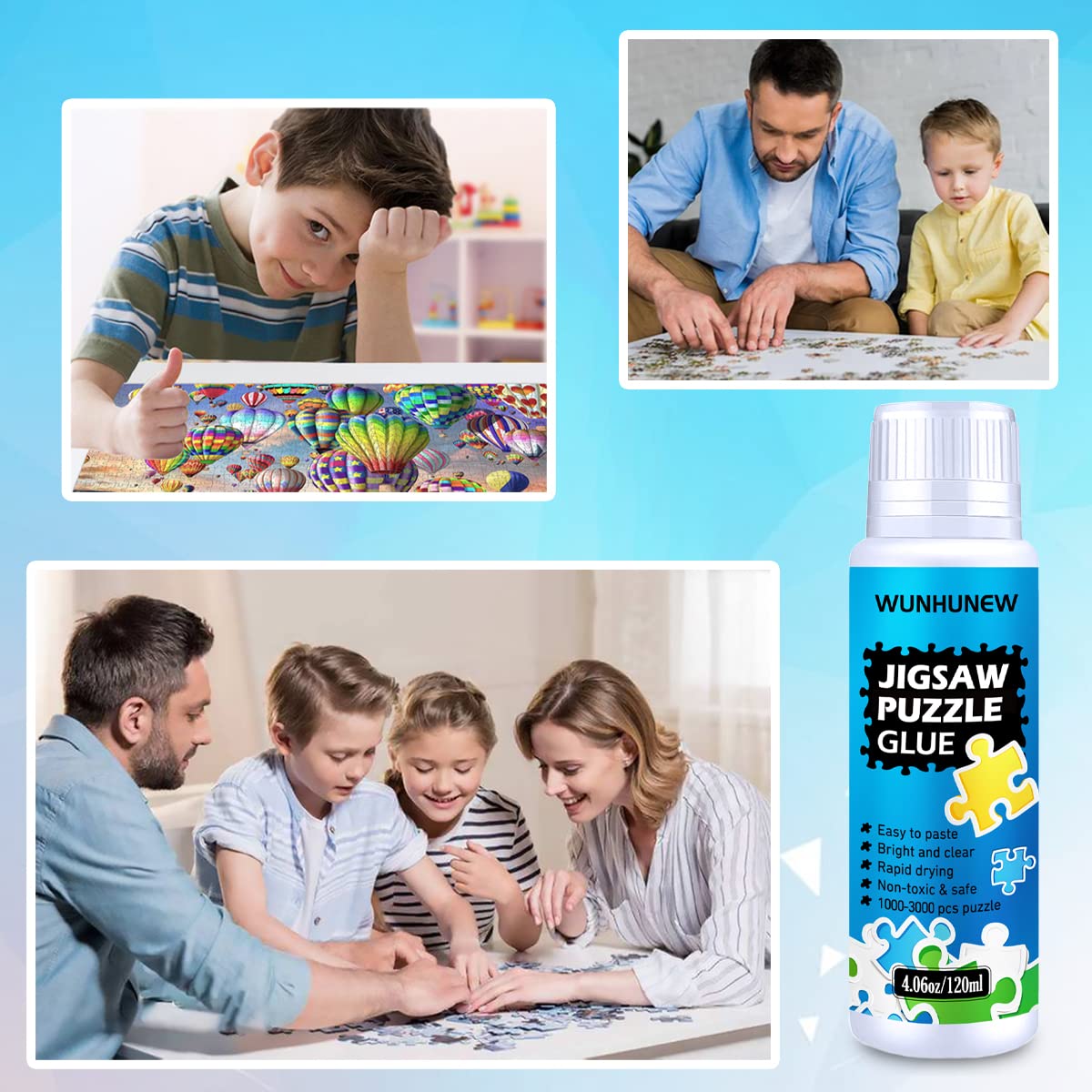 Jigsaw Puzzle Glue Clear with Sponge Head Applicator, Puzzle Saver Frame for 1000/1500/3000 Pieces Puzzle of Paper & Wood, Water-Soluble Special Art Craft Puzzle Guard Glue, Quick Dry (120ML)