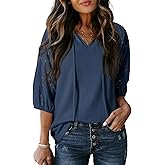 Dokotoo Women's Waffle Knit V Neck Tops Puff Sleeve Tunic Blouse Casual Summer Eyelet Shirts