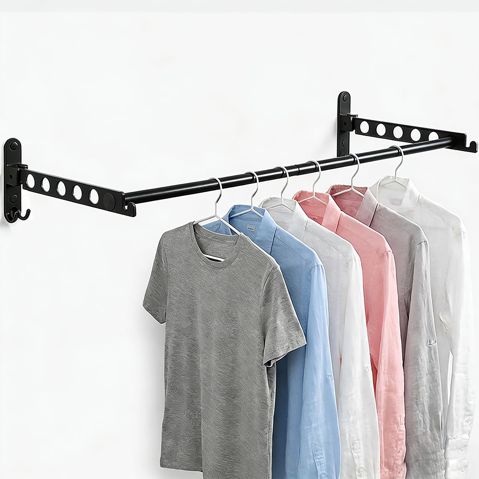 JOLY FANG ZDYJ-01 Wall Clothes Fan, Clothes Rack, Clothes Hook, Foldable with Rail, Wall Mounted Coat Hook for Bedroom, Laundry Room (Black, 2 Pieces + Rail)