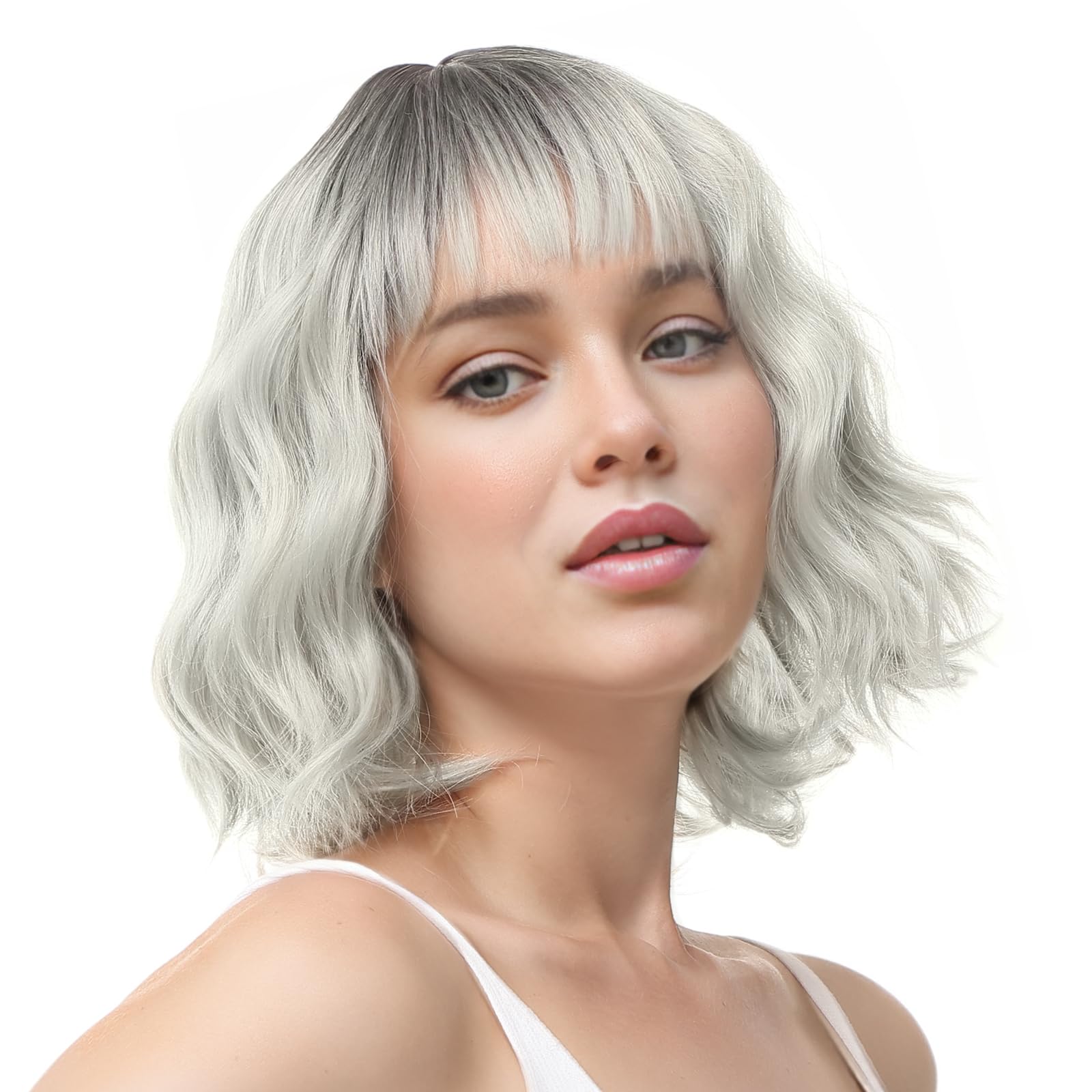 BUYOGET Wavy Bob Wig with Bangs Synthetic Hair Shoulder Length 12 Inch Short Curly Wigs for Women Silver Gray — image 1