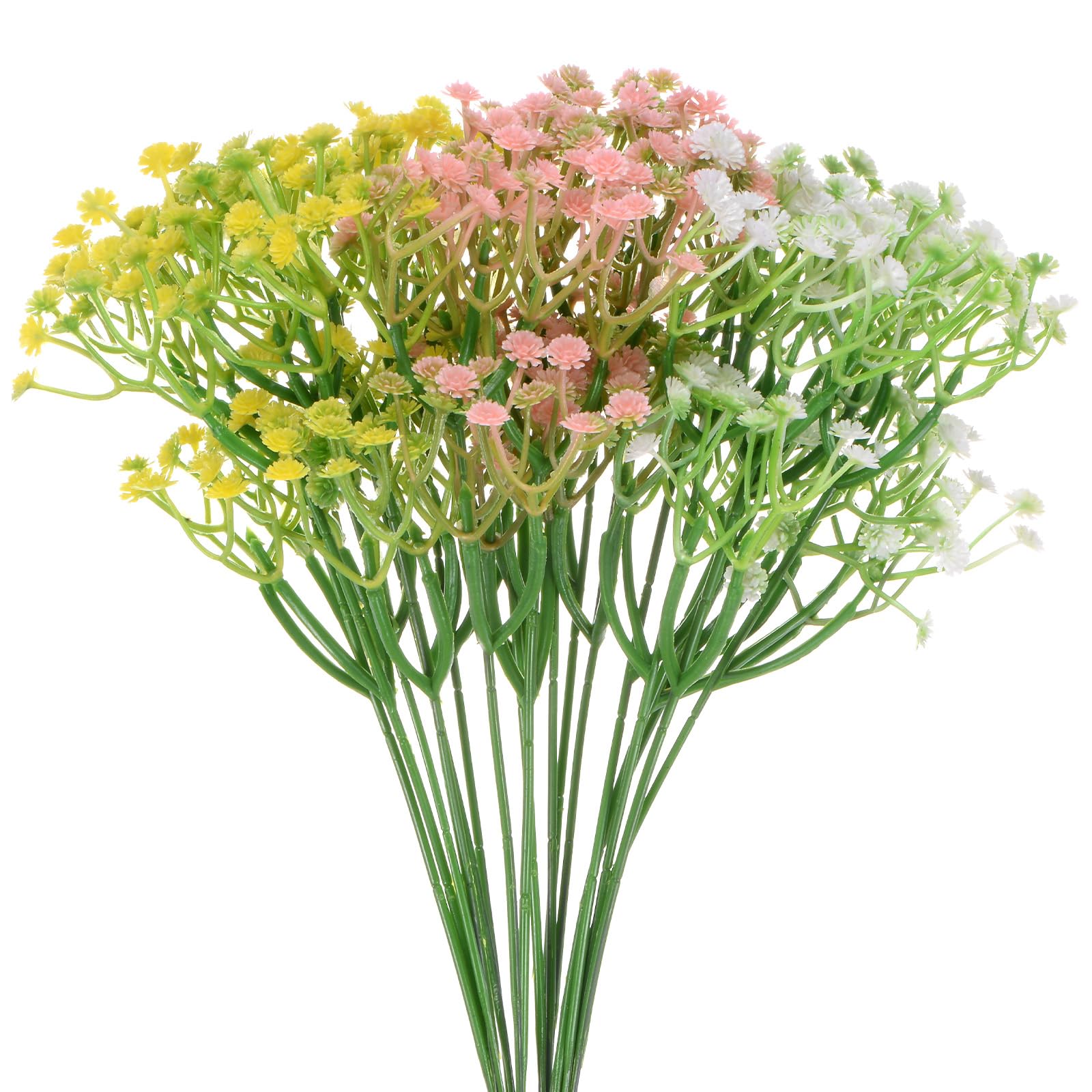 M METERXITY 18-Pack Artificial Baby's Breath, 11.4Inch Faux Gypsophila Plastic Bouquets Real Touch Faux Flowers for Home Decor/Wedding/Christmas/DIY/Party/Home/Garden Office[White+Yellow+Pink]