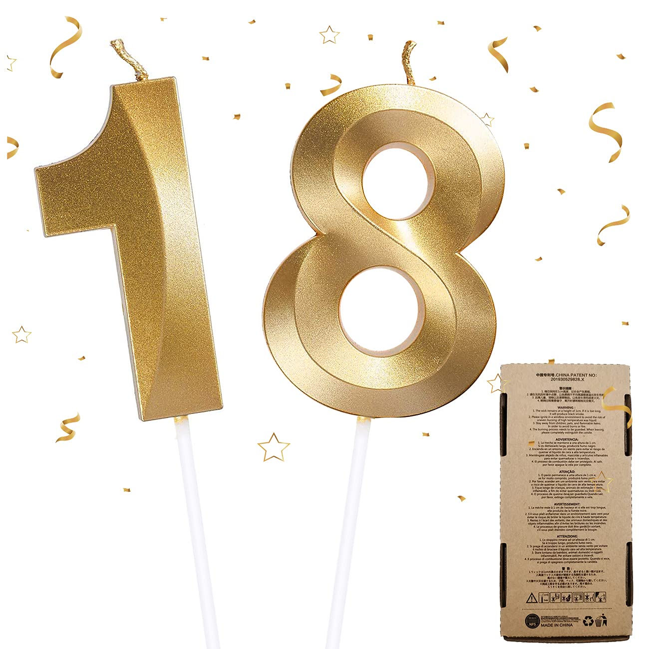 ZAWTR 18th Birthday Candles, Numeral Candles Happy Birthday Cake Candles-Number 1 & Number 8 Birthday Candle, Gold Number Candles Cake Topper Decoration for Birthday Wedding Anniversary Celebration