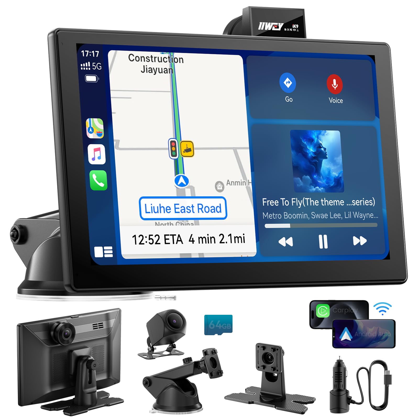 Photo 1 of IK9 9" Wireless CarPlay & Android Auto Screen, Portable Car Stereo with 4K Dash Cam & 1080p Rear Camera, CarPlay with Backup Camera, Touch Screen GPS Display, Mirror Link, Apple Car Play Screen