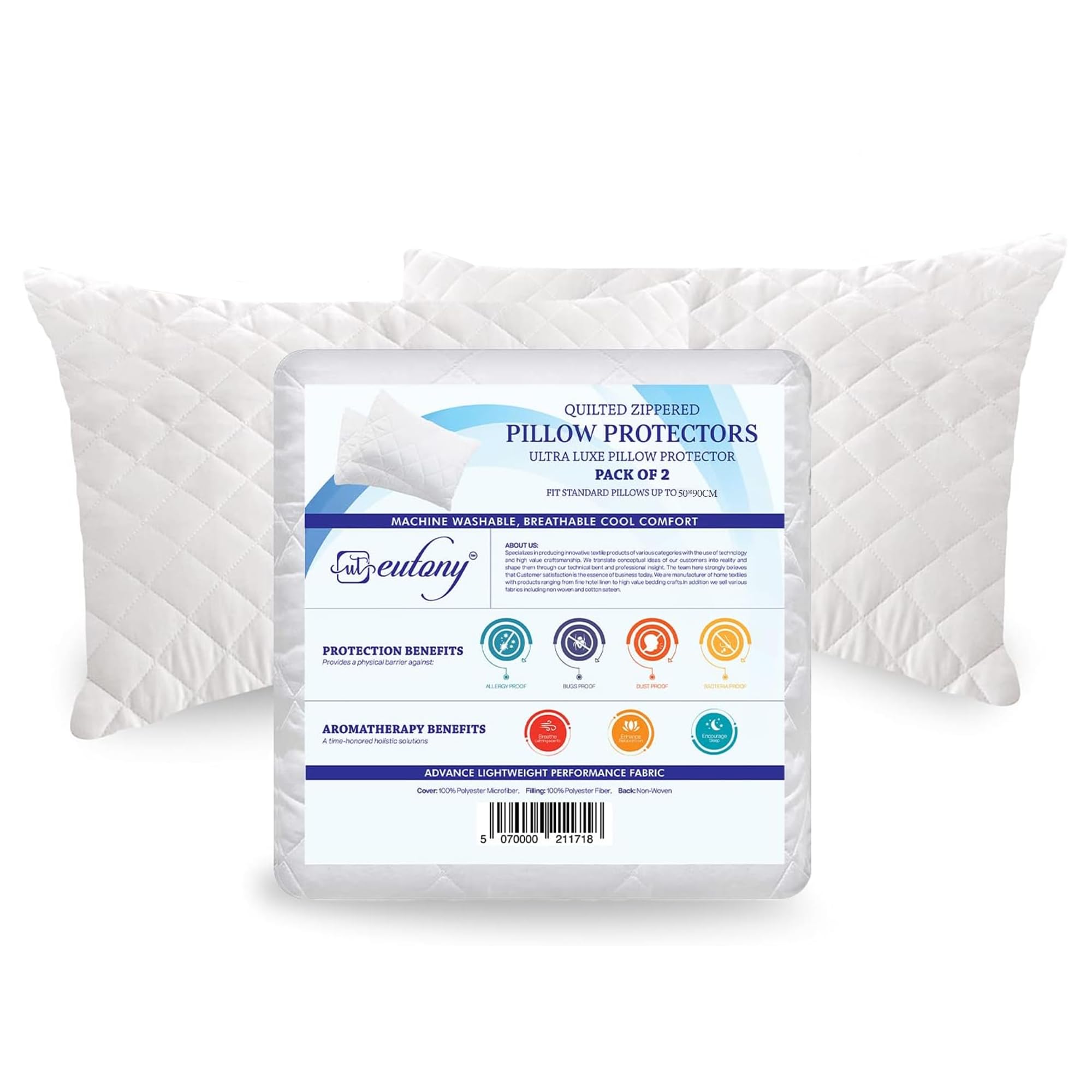Eutony Quilted Zipped Pillow Protectors 2 Pack - Ultra Luxe, Soft & Breathable Hypoallergenic 50 x 90cm - White