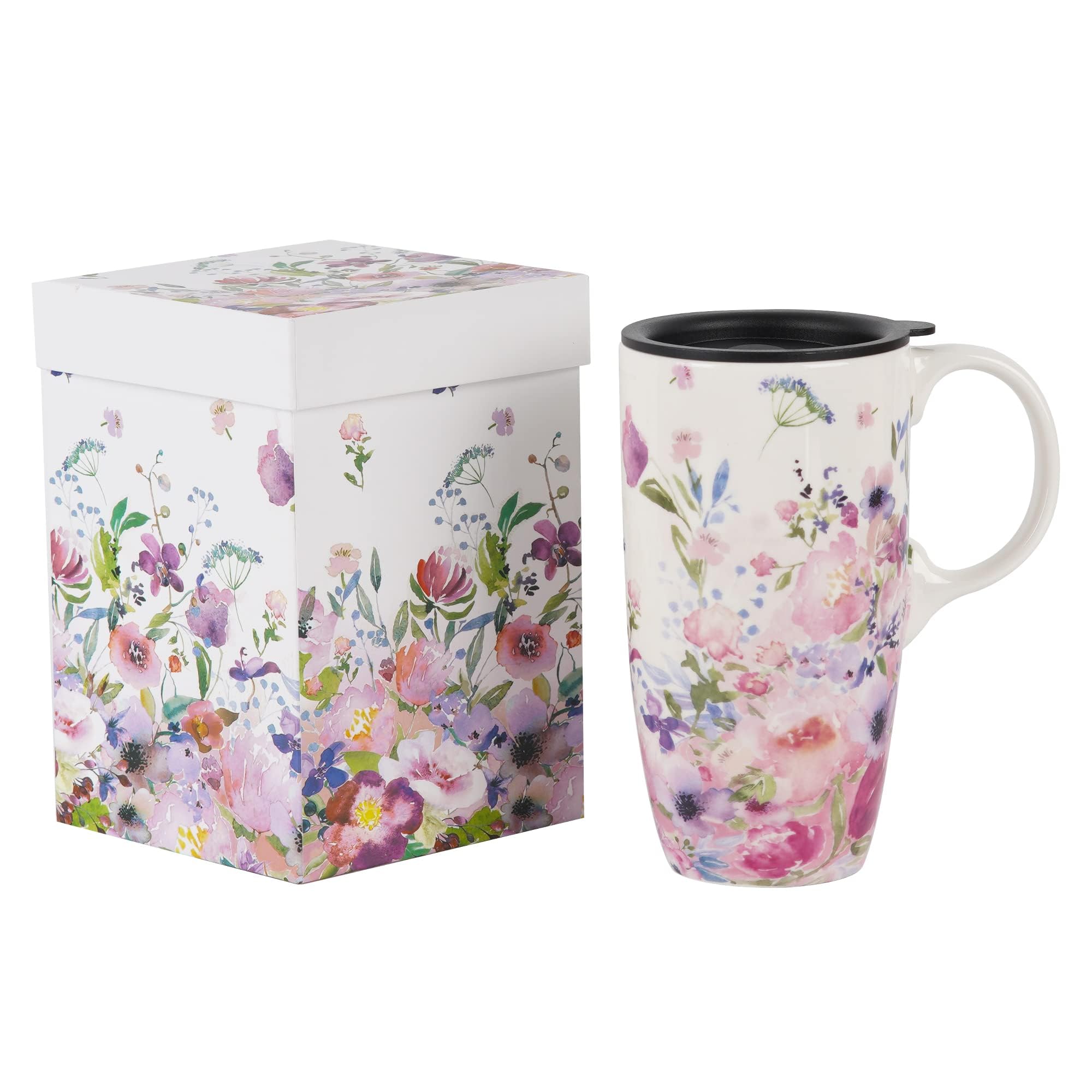 DUSVALLY Ceramic Mug Large Coffee Mug Tall Cups Porcelain Latte Tea Cup with Lid and Gift Box 17oz,Pink Flower — image 1