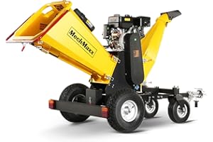 MechMaxx 6'' Inch 420cc 15hp E-Start Gas Powered 4-Wheels Wood Chipper Shredder Mulcher with Towbar/Tail Light/Emergency Stop Button/Stop Bar,Model B150 (Yellow)
