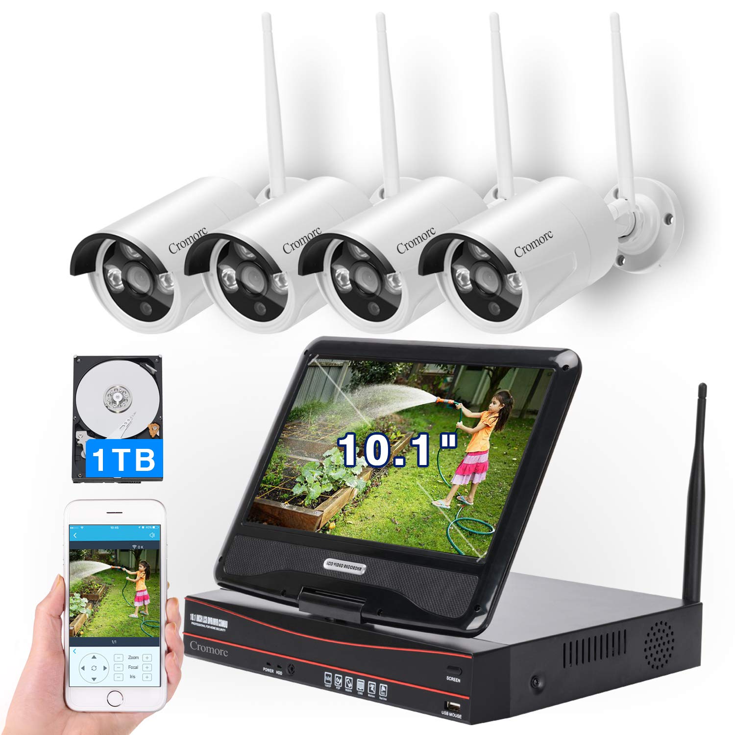 [8CH,Expandable] All in one with 10.1" Monitor Wireless Security Camera System, Cromorc Home Busines