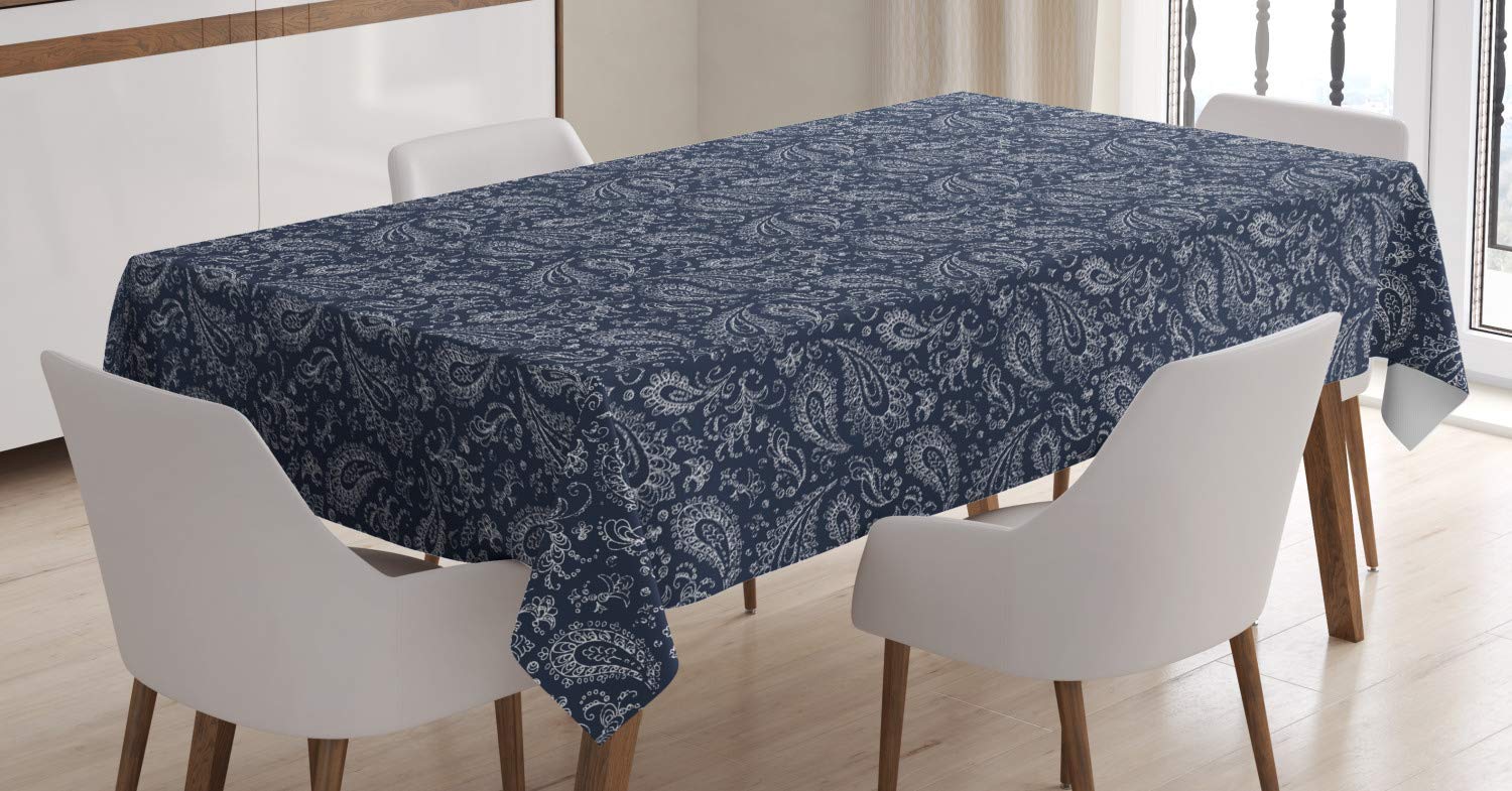 ABAKUHAUS Paisley Tablecloth, Vintage Ornament Bohemian Motifs with Grunge Look Hand Drawn Style Pattern, Dining Room Kitchen Table Cover, 54" x 94", Dark blue and white