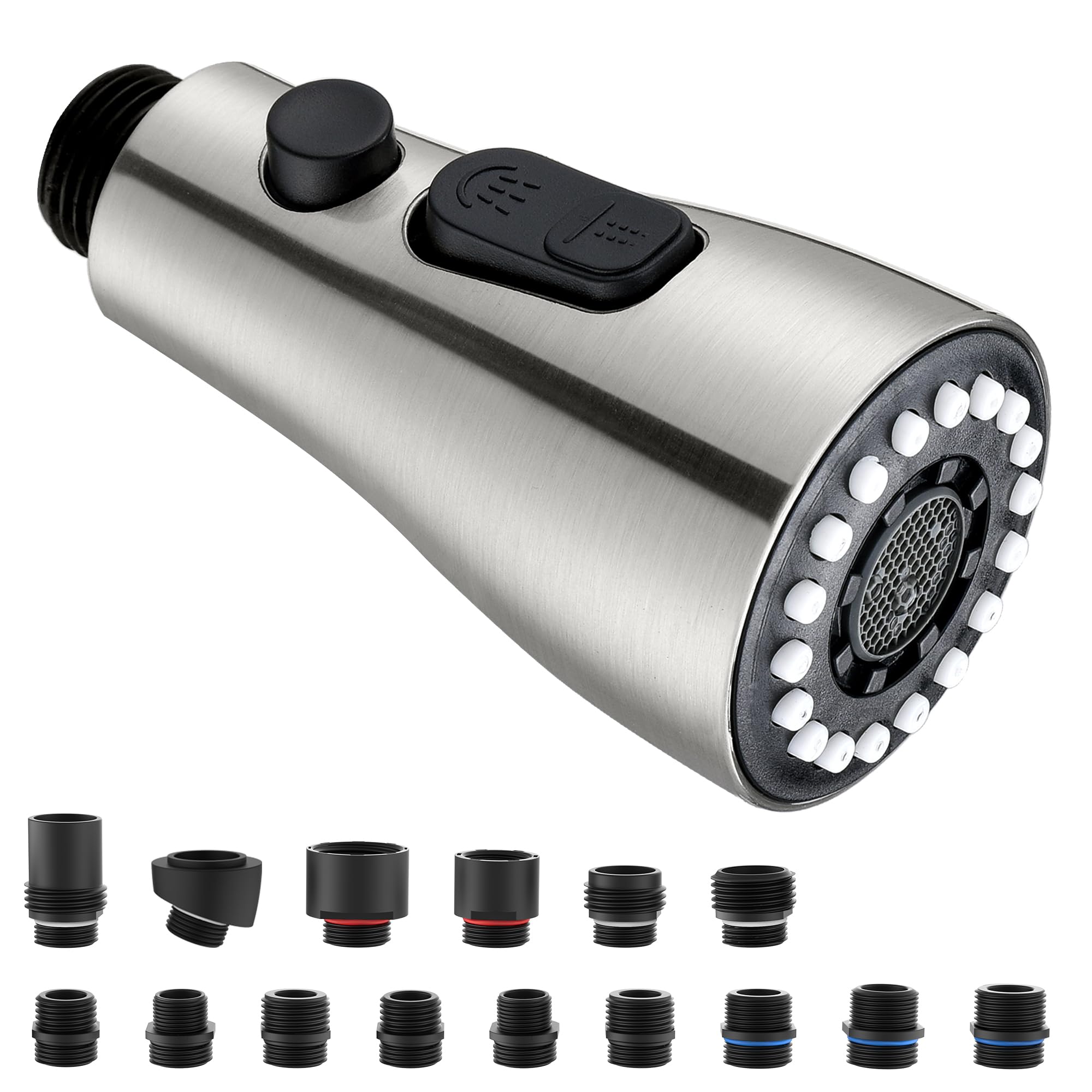 Photo 1 of Metal Kitchen Faucet Head Replacement - Pull Down Sprayer Head for Kitchen Faucet, 3-Function Spray Nozzle with 15 Adapters, Sink Faucet Head Replacement Stainless Steel, Brushed Nickel