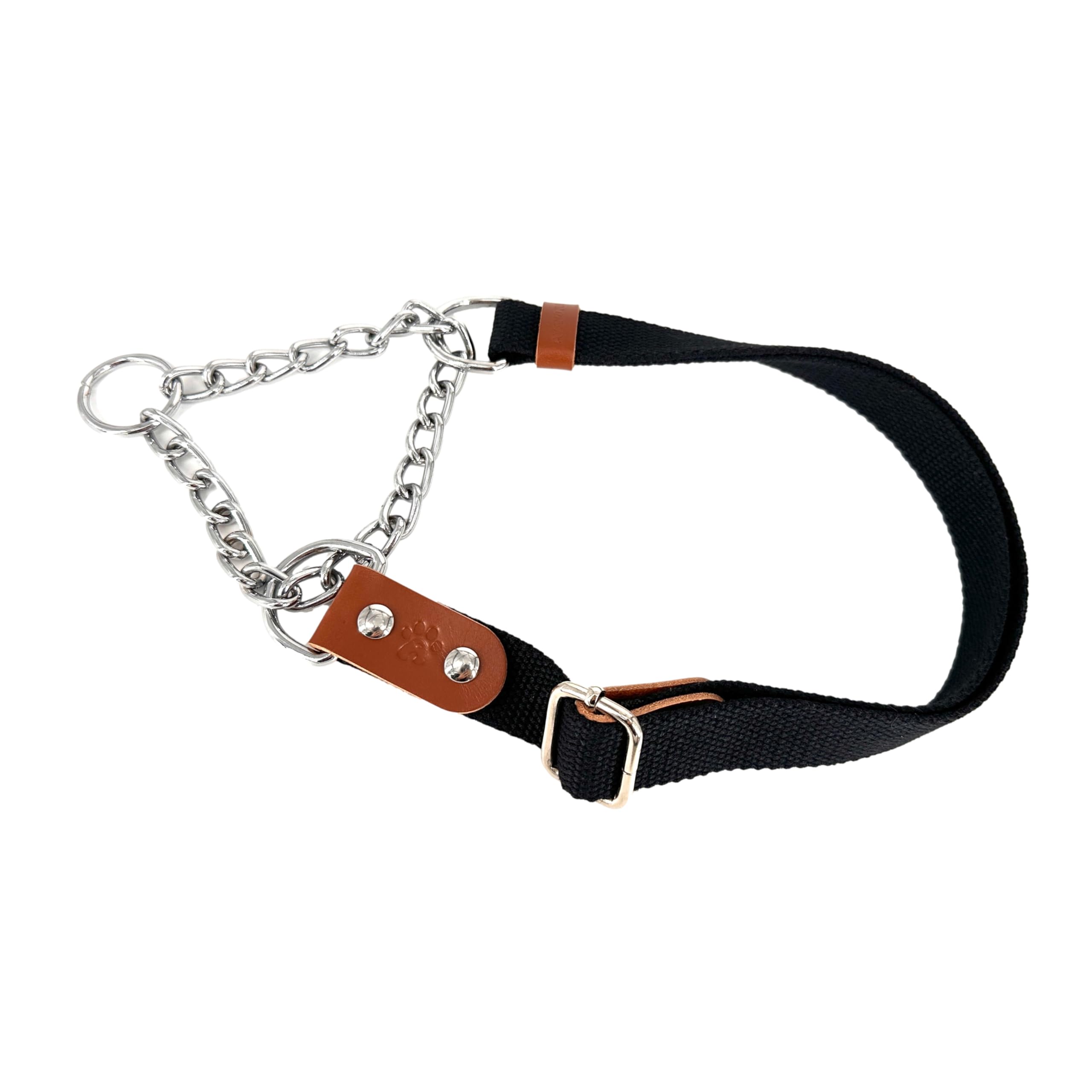 Dog Martingale Choke Collar with Chain and Leather, Antipull. L. Black & Cognac