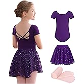 MdnMd Girls Ballet Leotards Combo with Tights Skirt Removable Toddler Ballerina Dance Dresses Soft Outfit Short Sleeve