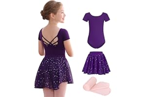 MdnMd Girls Ballet Leotards Combo with Tights Skirt Removable Toddler Ballerina Dance Dresses Soft Outfit Short Sleeve