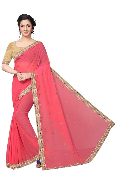 Womens Georgette Saree (ASS_DIAMOND QUEEN PEACH_S_Multicolor_Free Size)
