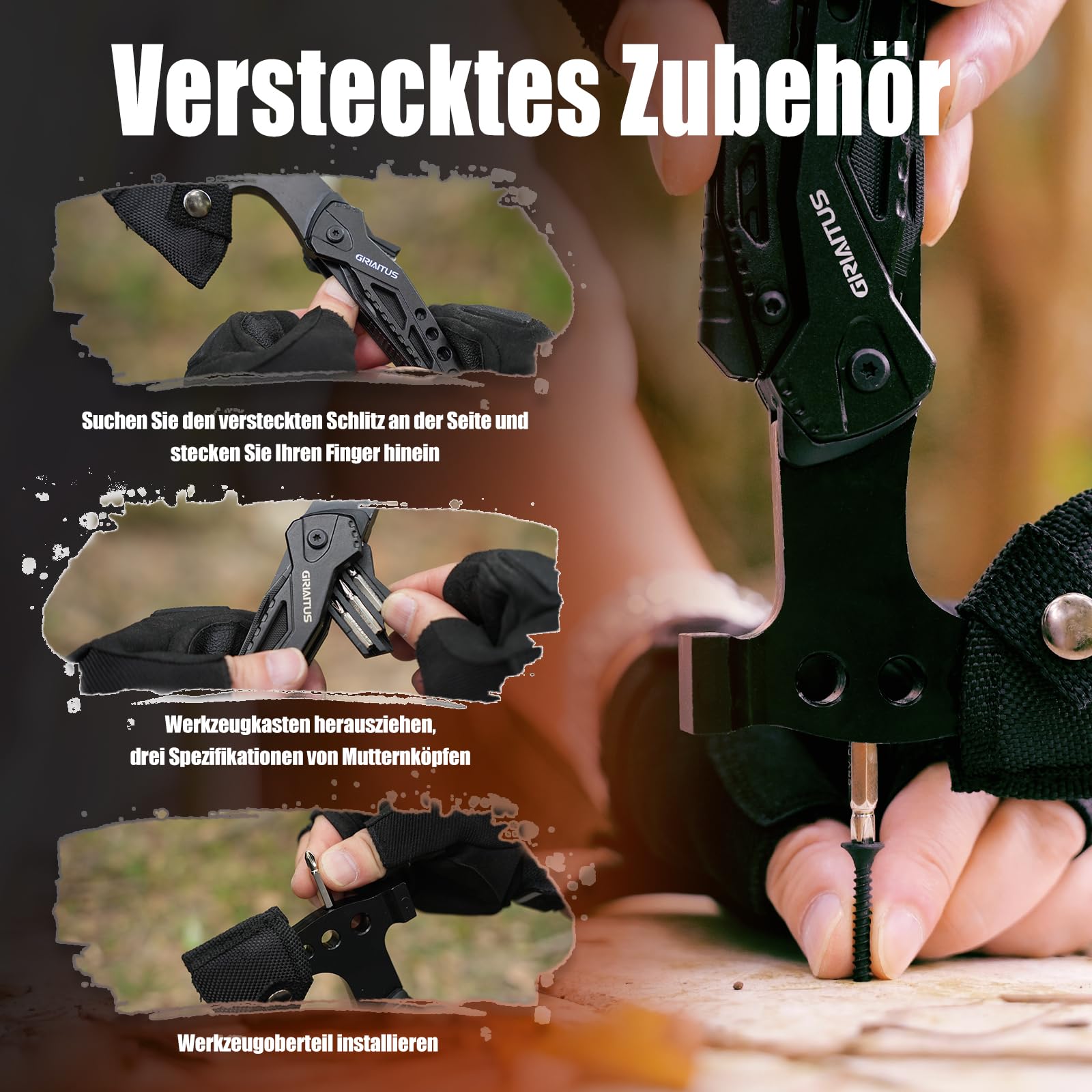 Geschenke für Männer 16IN1 Multitool Camping Zubehör Geschenk Vatertag Männergeschenke Survival Gadgets mit Axt Hammer Zange Säge Schraubendreher Flaschenöffner Pfeife 4
