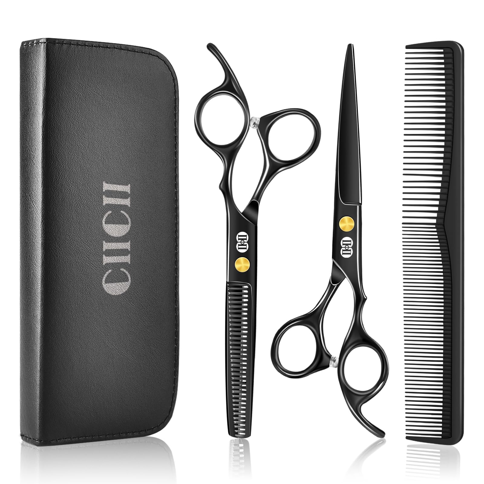 CIICII Hair Cutting Scissors Shears Kit, Professional Barber Haircut Scissors Set (6.7 Inch Hair Beard Hairdressing Trimming Haircutting Thinning Shears) for Men Women Hairdresser Home Salon (Black)