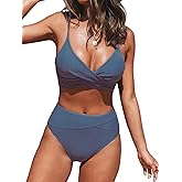 CUPSHE Women's Bikini Sets Two Piece Swimsuit High Waisted V Neck Twist Front Adjustable Spaghetti Straps Bathing Suit