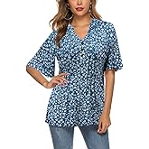 HOCOSIT Women's Floral Print Short Ruffle Sleeve Pleated Front V Neck Button Tunic Tops