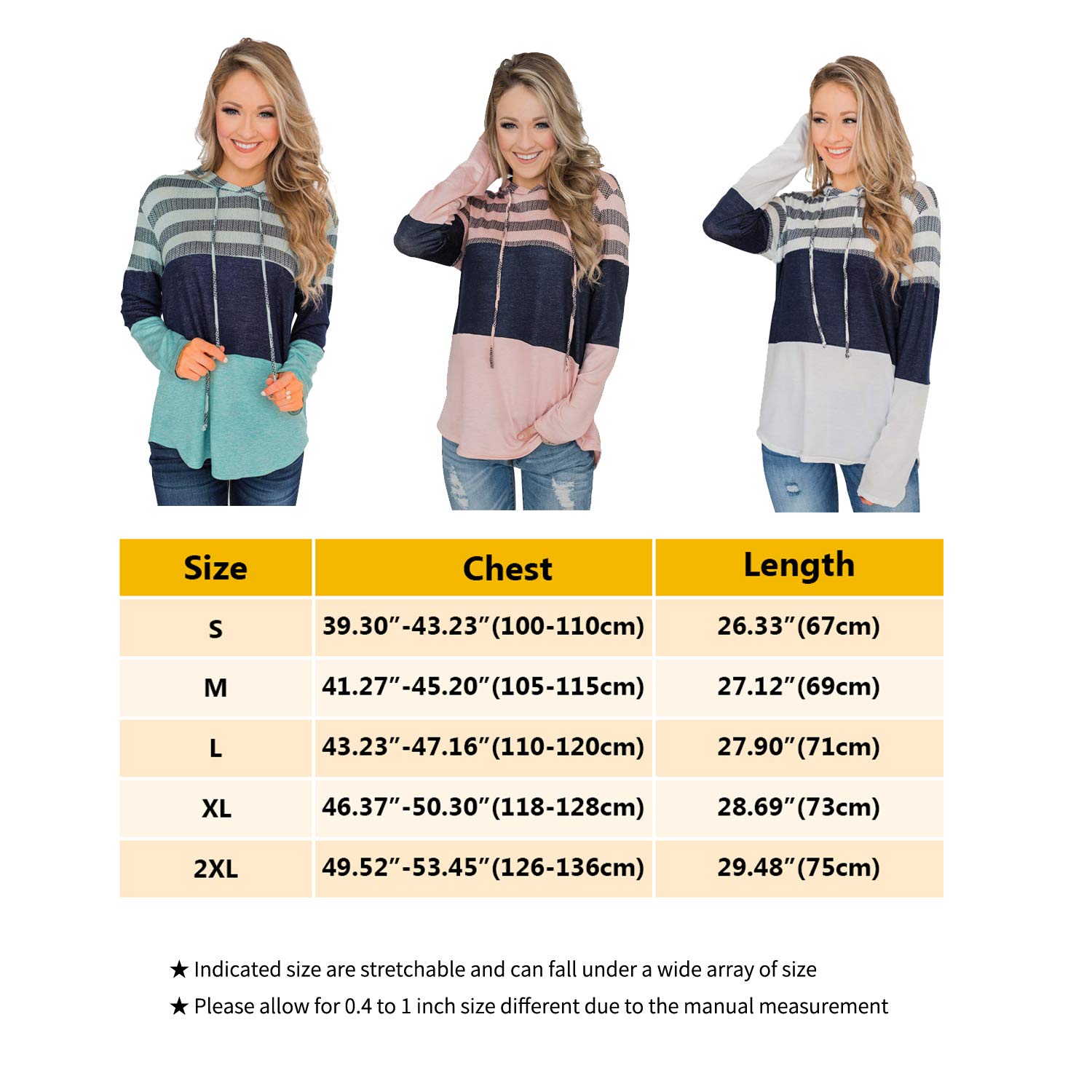 Women\'s Hoodies Pullover Color Block Sweatshirt Striped Long Sleeve Drawstring Hooded Sweatshirts Casual Tops for Women Pink