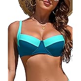 Jolefile Women Underwire Bikini Tops Color Block Swimsuit Tops Molded Cups Push Up Bathing Suit Adjustable Tie Back Swim Top