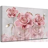 Modern Delicate Pink Gold Roses Canvas Wall art Flower Reflecting In Grey Marble Picture Wall Decor Poster Print Artwork for Living Room Bedroom Woman Room Home Decoration