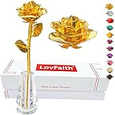 LovFaith Valentine Gift Real Rose Dipped 24K Gold with Crystal Stand, Best Anniversary Rose Gift for Her Wife Mother Birthday Christmas (B1. Deluxe Thick Gold -Blooming)