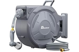DKENICOR 1/2" x 150 ft Retractable Hose Reel, Heavy Duty Retractable Garden Hose Reel Wall Mounted with 10-Pattern Hose Nozzle/Any Length Lock/Slow Return System/180°Swivel Bracket