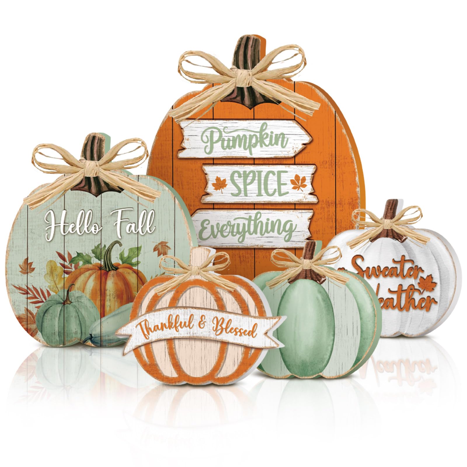 Photo 1 of ****ONLY 4 PCS*****GlikCeil 5 Pcs Fall Pumpkin Decor for Home Thanksgiving Novel Wooden Table Centerpiece Decorations Light Green Fall Wooden Pumpkin Signs for Autumn Farmhouse Kitchen Mantle Tabletop Supplies
