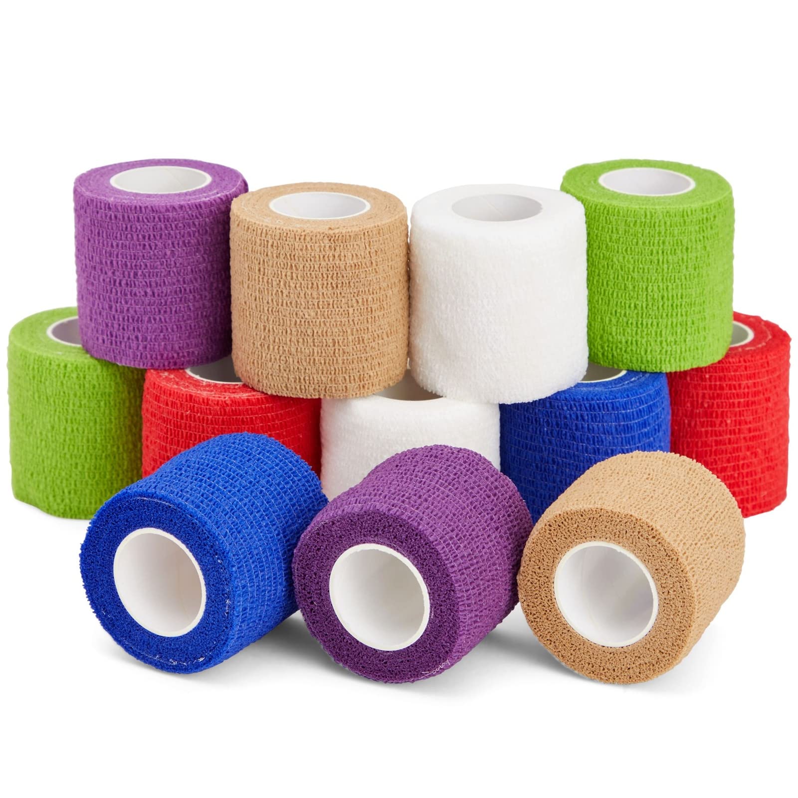 12 Pack Self Adherent Cohesive Bandages for Sports, Travel First Aid Kit, Vet Wrap for Horses, Dogs, 5 cm x 1.8 Metres, 6 Colours