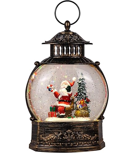 Boule à Neige Musicale De Noël Avec Père Noël - 8,2x8,2x19 Cm - Résine Et ABS - Minuterie 6h, Lumière Et Musique - Alimentation Piles Ou USB