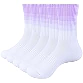 YUEDGE Womens Socks Rainbow Striped Cushioned Crew Socks for Women, Wicking Cotton Gym Tennis Running Athletic Socks, 5 Pairs