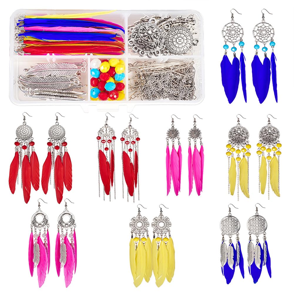SUNNYCLUE 1 Box DIY 8 Pairs Bohemia Colorful Long Feathers Dangle Hook Earring Making Kit Jewellry Findings Making Crafts for Women Girls Antique Silver