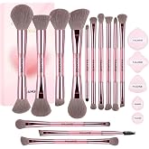 MAANGE 19 Pcs Makeup Brush Set Professional Double-Ended Makeup Brushes | Double-sided Synthetic Fiber Make Up brushes | For liquid/cream/powder | Foundation blending, contouring, eyeshadow | Pink