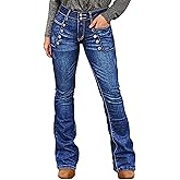 Flamingals Bootcut Mid Waist Wash Sailor Button Jeans for Women Trendy Stretch Denim Pants with Patch Pocket