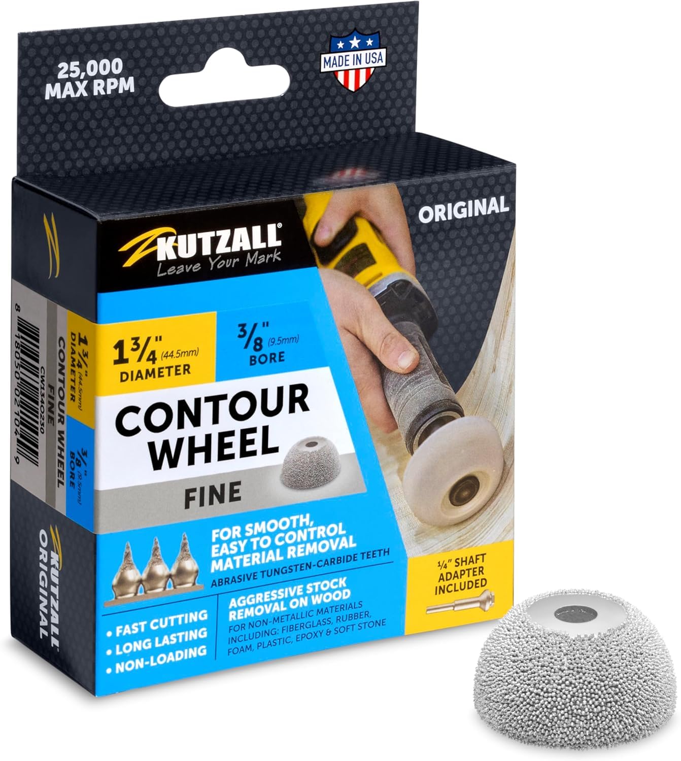 Photo 1 of Kutzall Contour Wheel, 1-3?4" (44.5mm) Dia. X 3?8" (9.5mm) Bore, Medium - Woodworking Die Grinder Attachment for Bosch, Milwaukee, DeWalt. Abrasive Tungsten Carbide Coating CW134O230